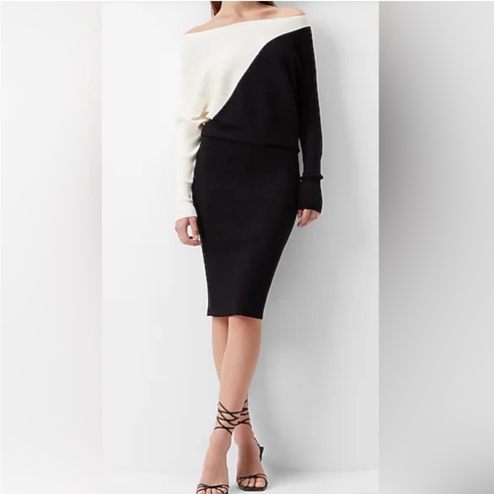 Color Block Asymmetrical Off the Shoulder Midi Sweater Dress